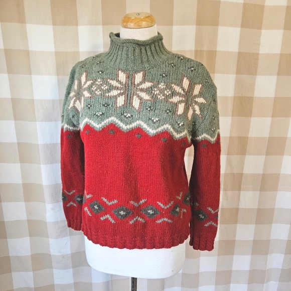 Eddie Bauer Sweaters - Vtg 90s Eddie Bauer M Petite 100% Wool Fair Isle Snowflake Turtleneck Sweater